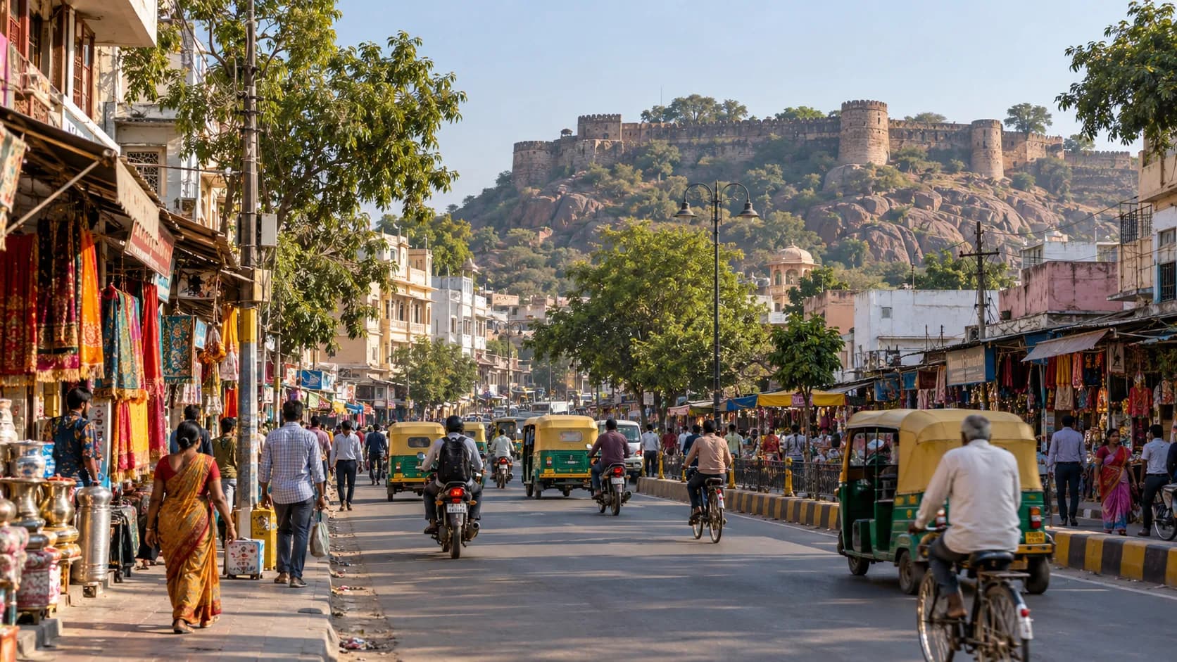 Illustrative view of a Jhansi market street with the fort in the distance