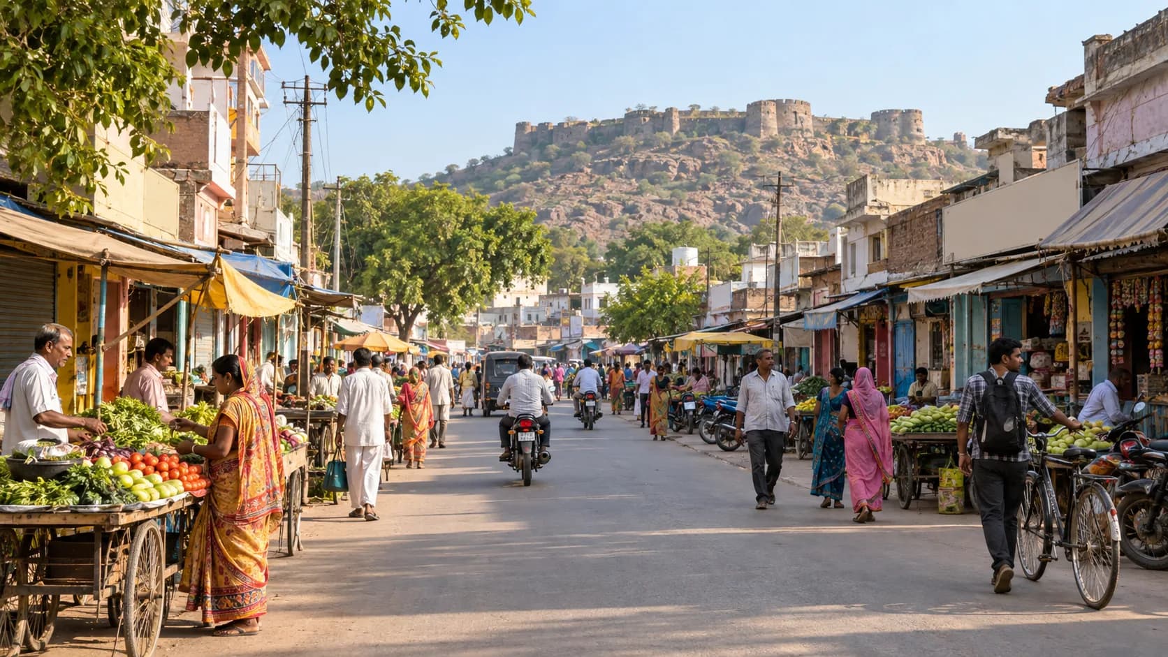 Illustrative view of a local market street in Tehrauli