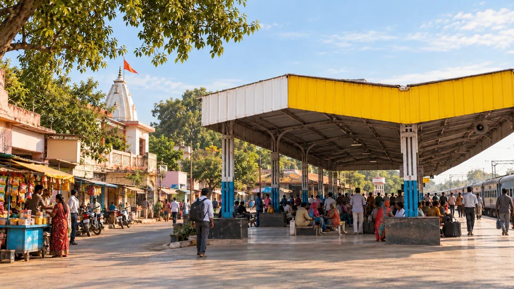 Illustrative view of a busy railway platform and local market in Harpalpur